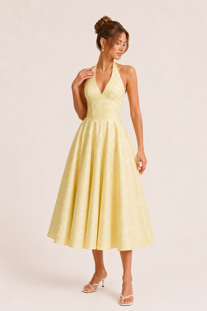Midi-jurk halter hals vrouw elegante wijde rok - Elodie