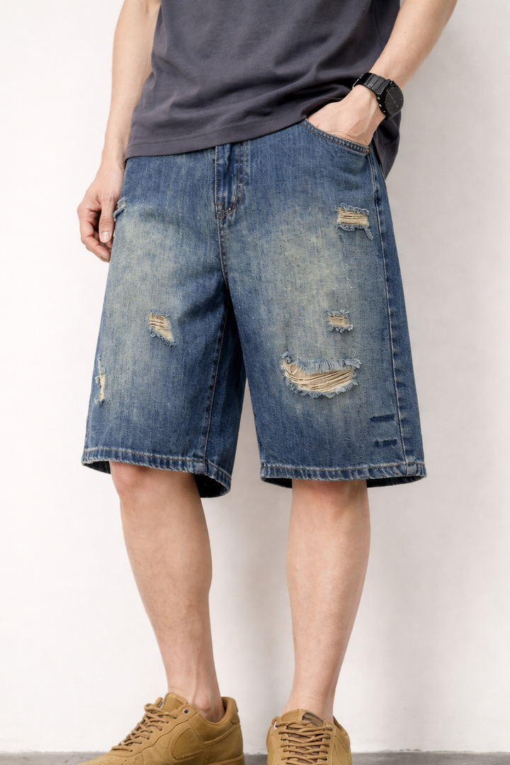 Heren denim shorts met scheuren - Kane