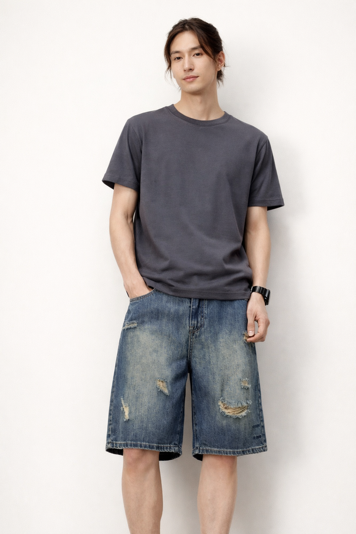 Heren denim shorts met scheuren - Kane