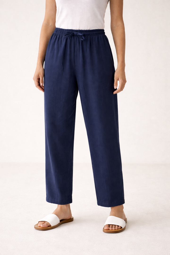 Wijde linnen broek met elastische tailleband en koord voor dames - Nerea