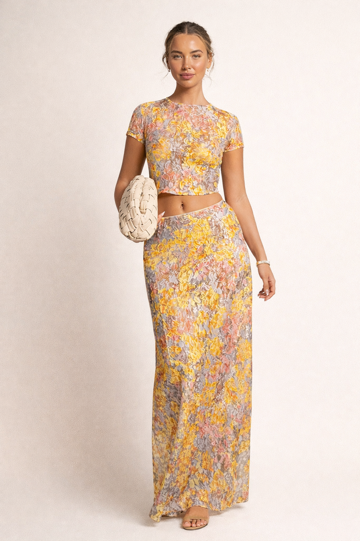 Damesset met korte top en lange rok met print - Selira