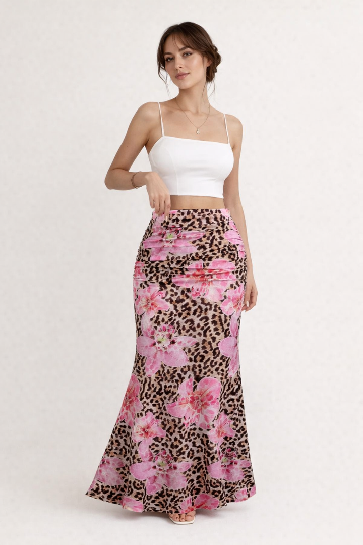 Lange rok met bloemen- en dierenprint - Elira