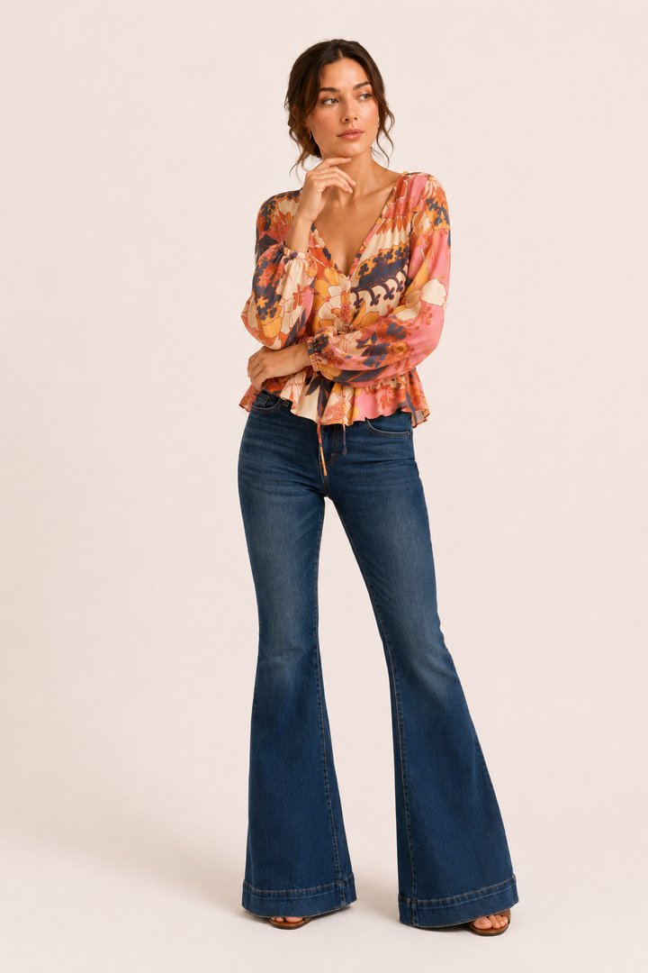 Elastische damesjeans met middelhoge taille en wijde pijpen - Elke