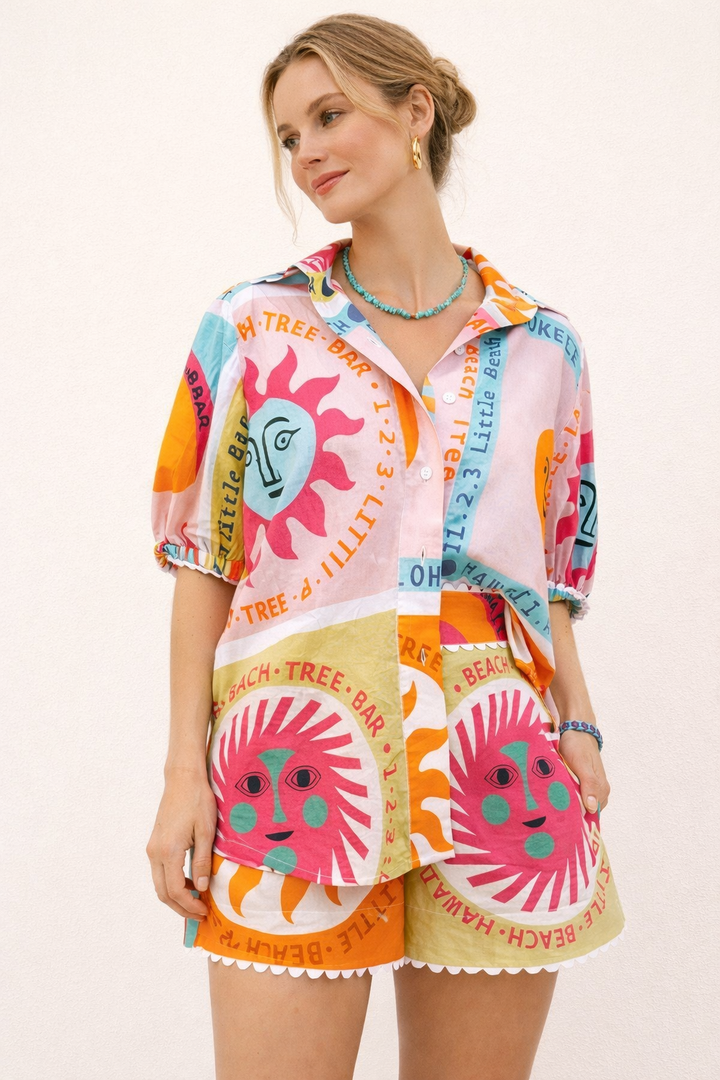 Bedrukte damesset met shirt en elastische short - Mireva