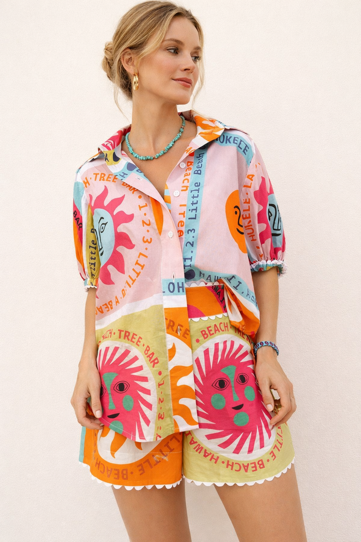 Bedrukte damesset met shirt en elastische short - Mireva