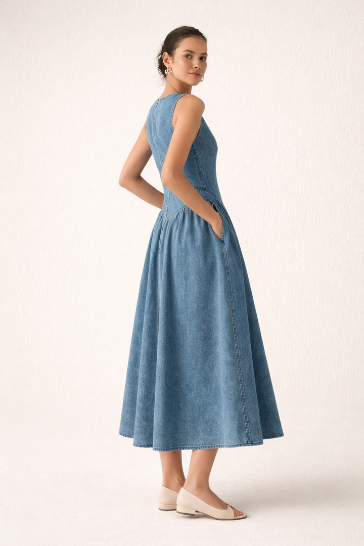 Mouwloze denim midi jurk baggy casual zomerjurk - Keyla