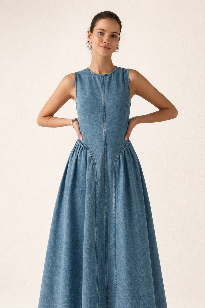 Mouwloze denim midi jurk baggy casual zomerjurk - Keyla