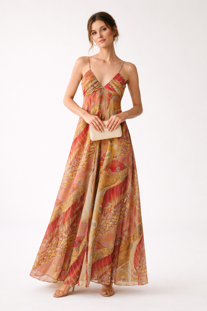 Lange damesjurk met dunne bandjes en V-hals - Ragnhild