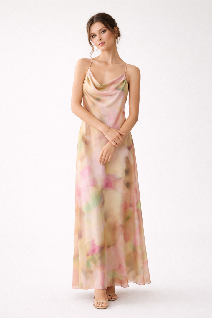 Lange damesjurk met dunne bandjes en decolleté - Elinor