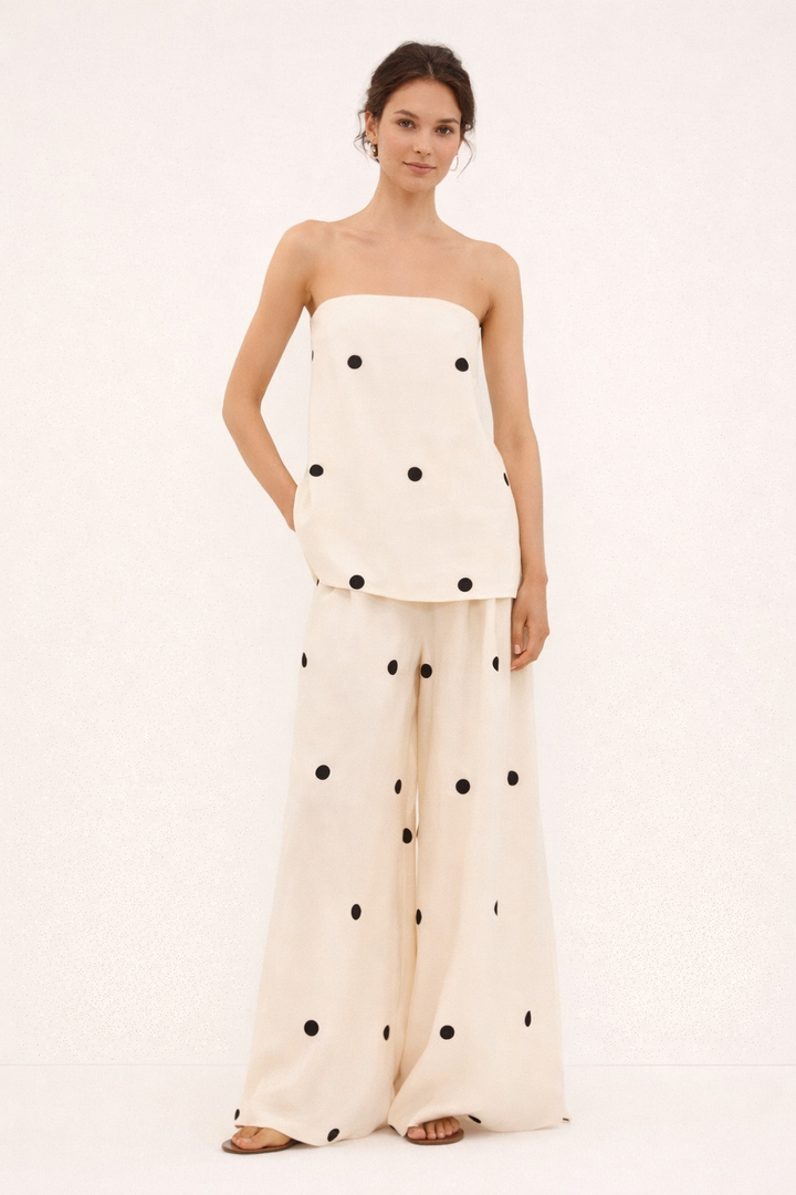 Strapless damesset met wijde stippenbroek - Zirel