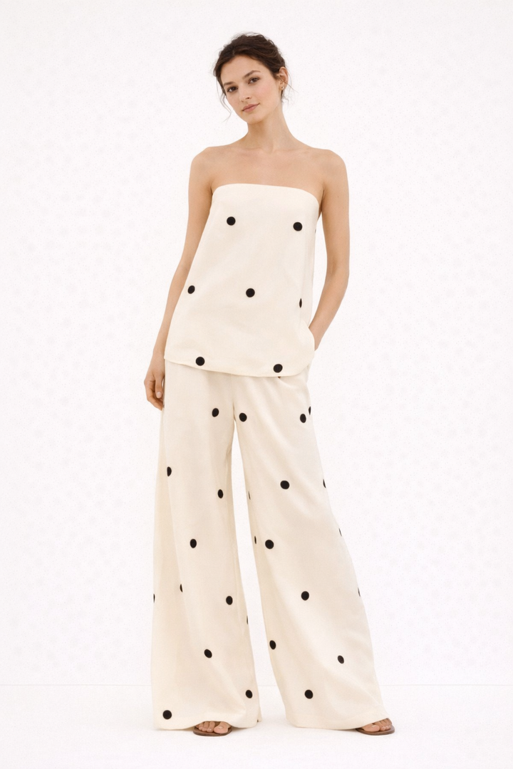Strapless damesset met wijde stippenbroek - Zirel