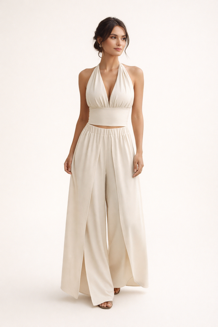 Dames halsterset met wijde broek met hoge taille - Arelia