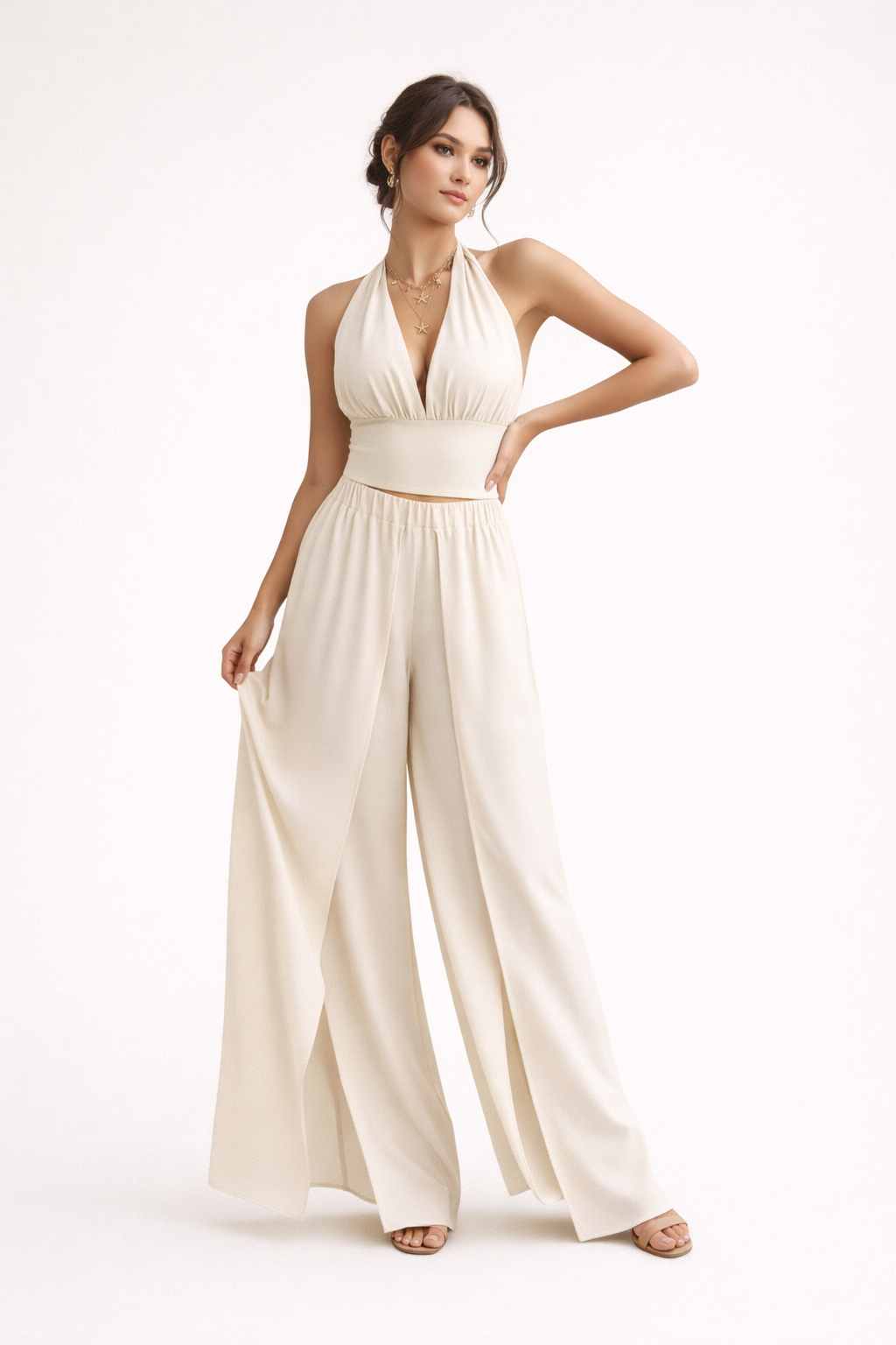 Dames halsterset met wijde broek met hoge taille - Arelia