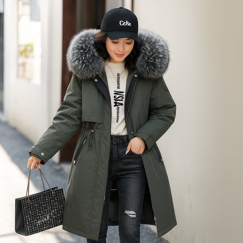 Dames lange jas met bontkraag - Mirelle