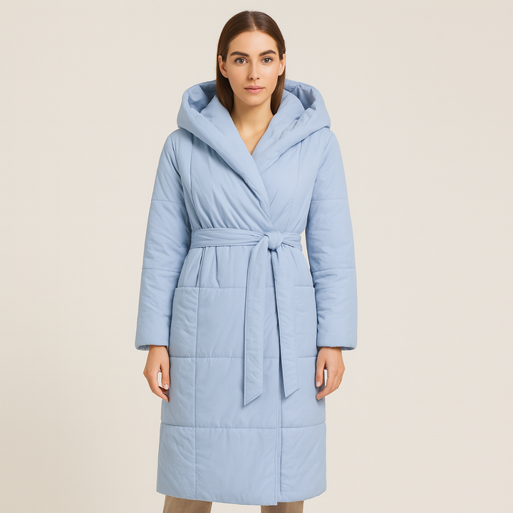 Lange gewatteerde damesjas met ceintuur - Catrina