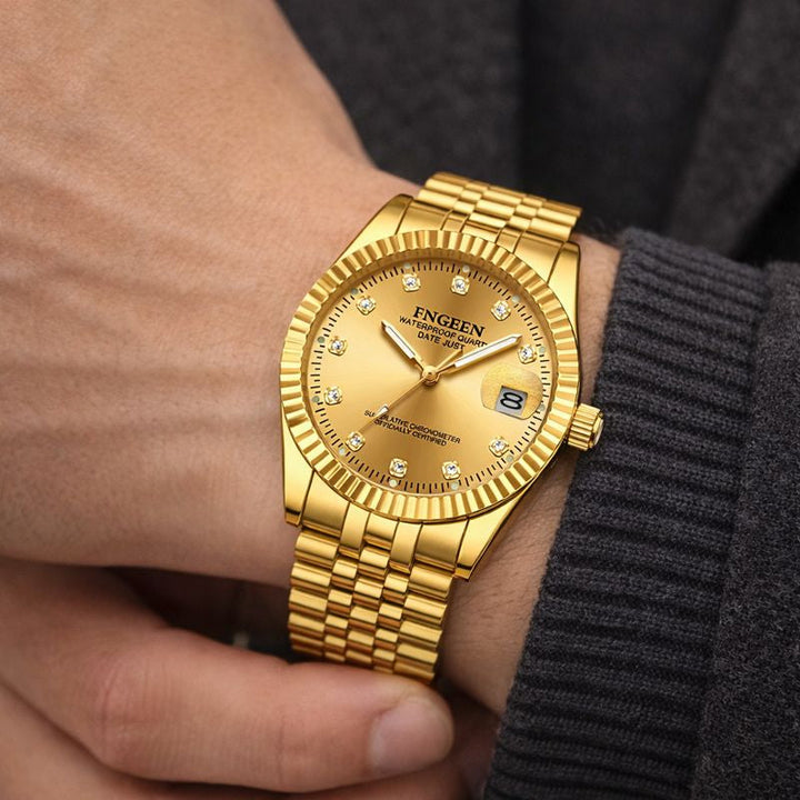 Roestvrijstalen herenhorloge met geribbelde lunette