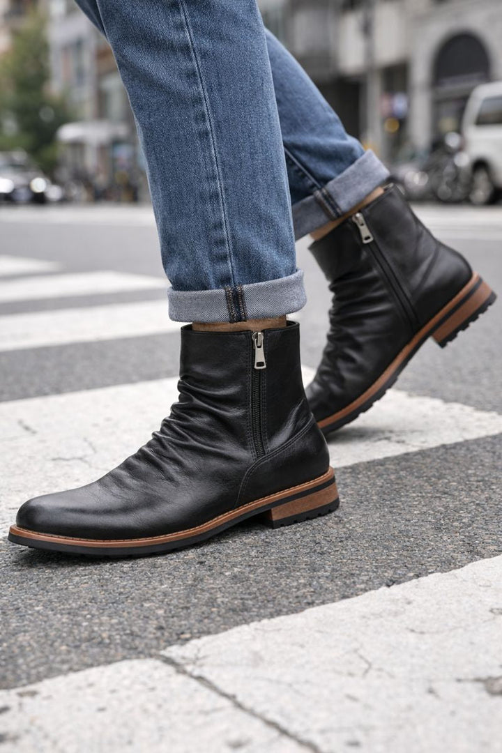 Leren herenlaarzen met zijrits en lage zool - Halvor