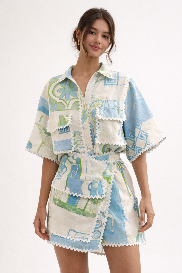 Damesset met zomerprint en strik - Kelly