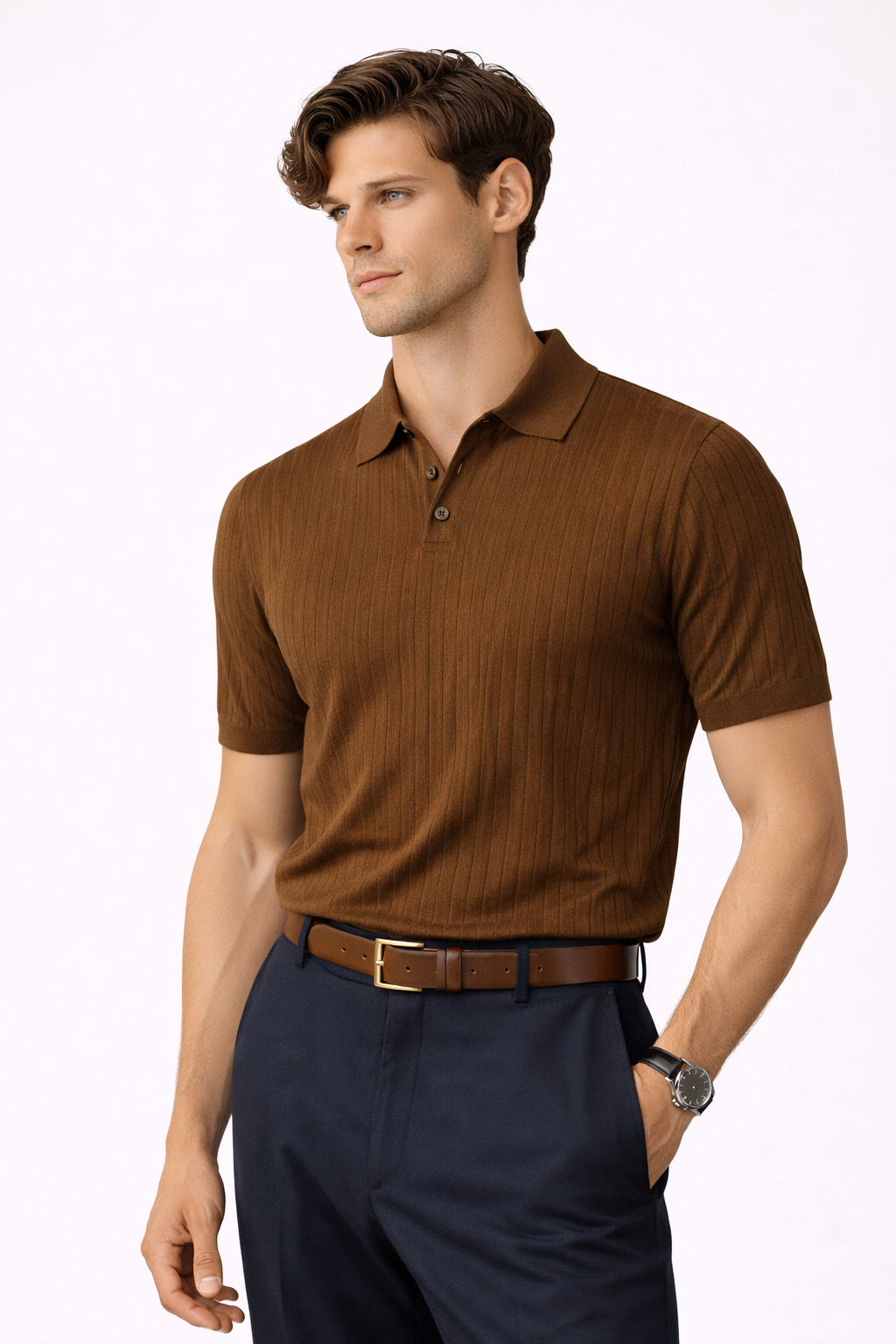 Herenpolo in slim fit met verticale textuur en gespreide kraag - Darel