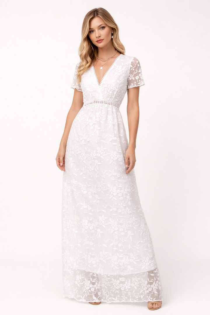 Maxi-jurk met bloemenkant en V-hals - Elira