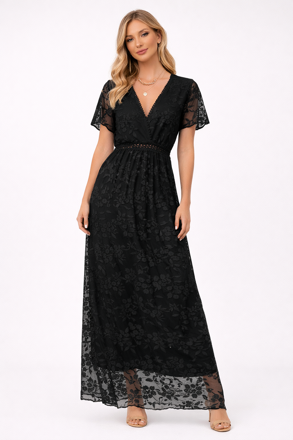 Maxi-jurk met bloemenkant en V-hals - Elira