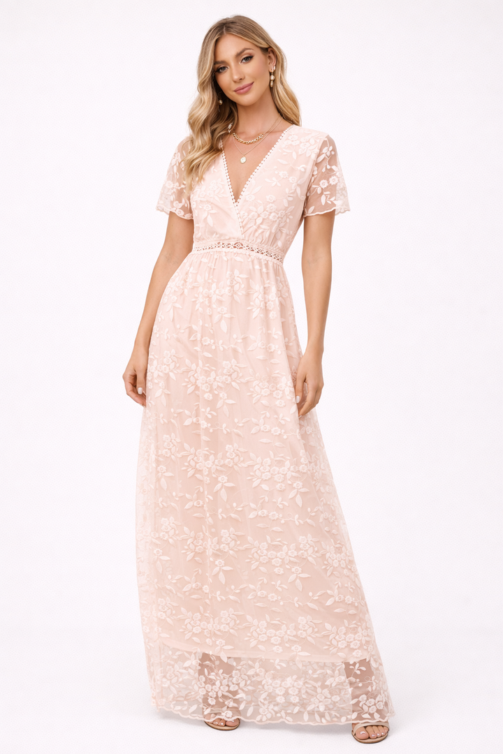 Maxi-jurk met bloemenkant en V-hals - Elira