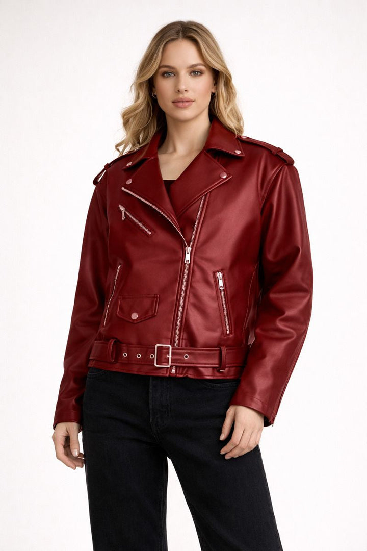 Dames bikerjack met lederlook en riem - Ylena