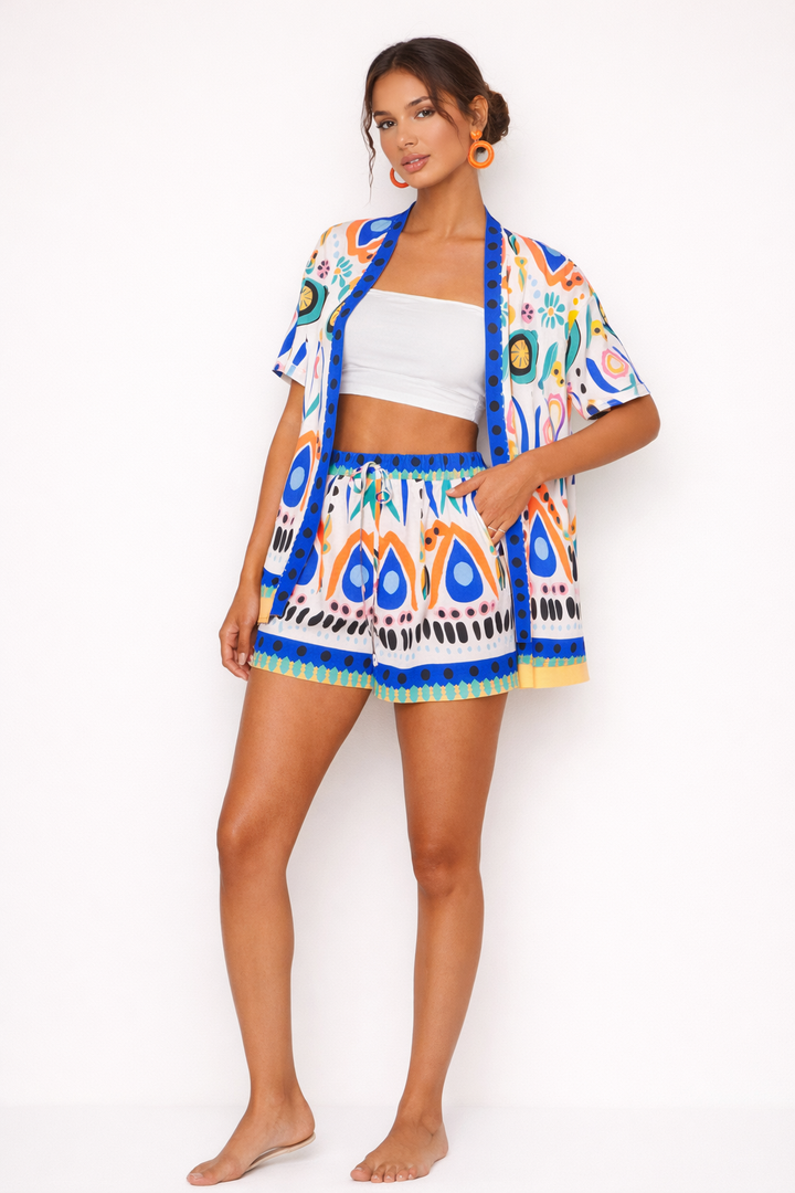 Dames kimono korte en korte broek met lenteprint - Arlena