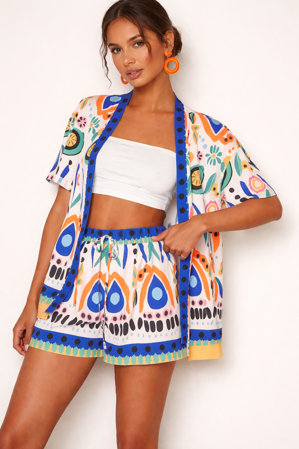 Dames kimono korte en korte broek met lenteprint - Arlena