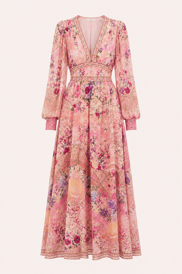 Dames midi-jurk V-halslijn hoge taille pofmouwen - Connie