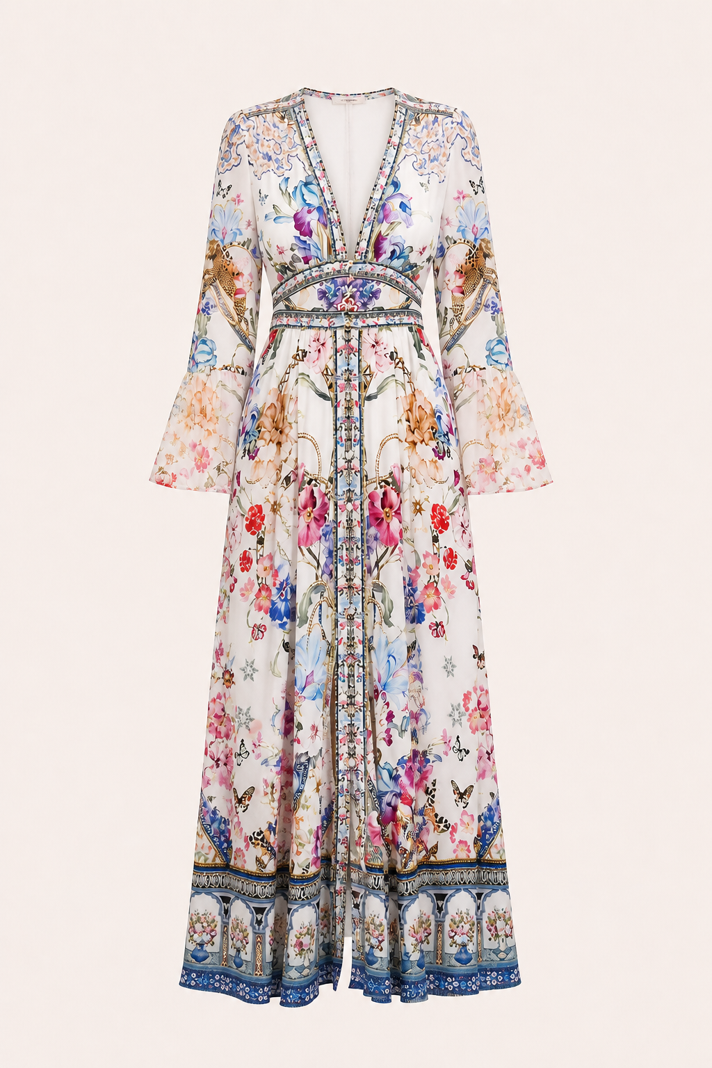 Dames midi-jurk V-halslijn hoge taille pofmouwen - Connie