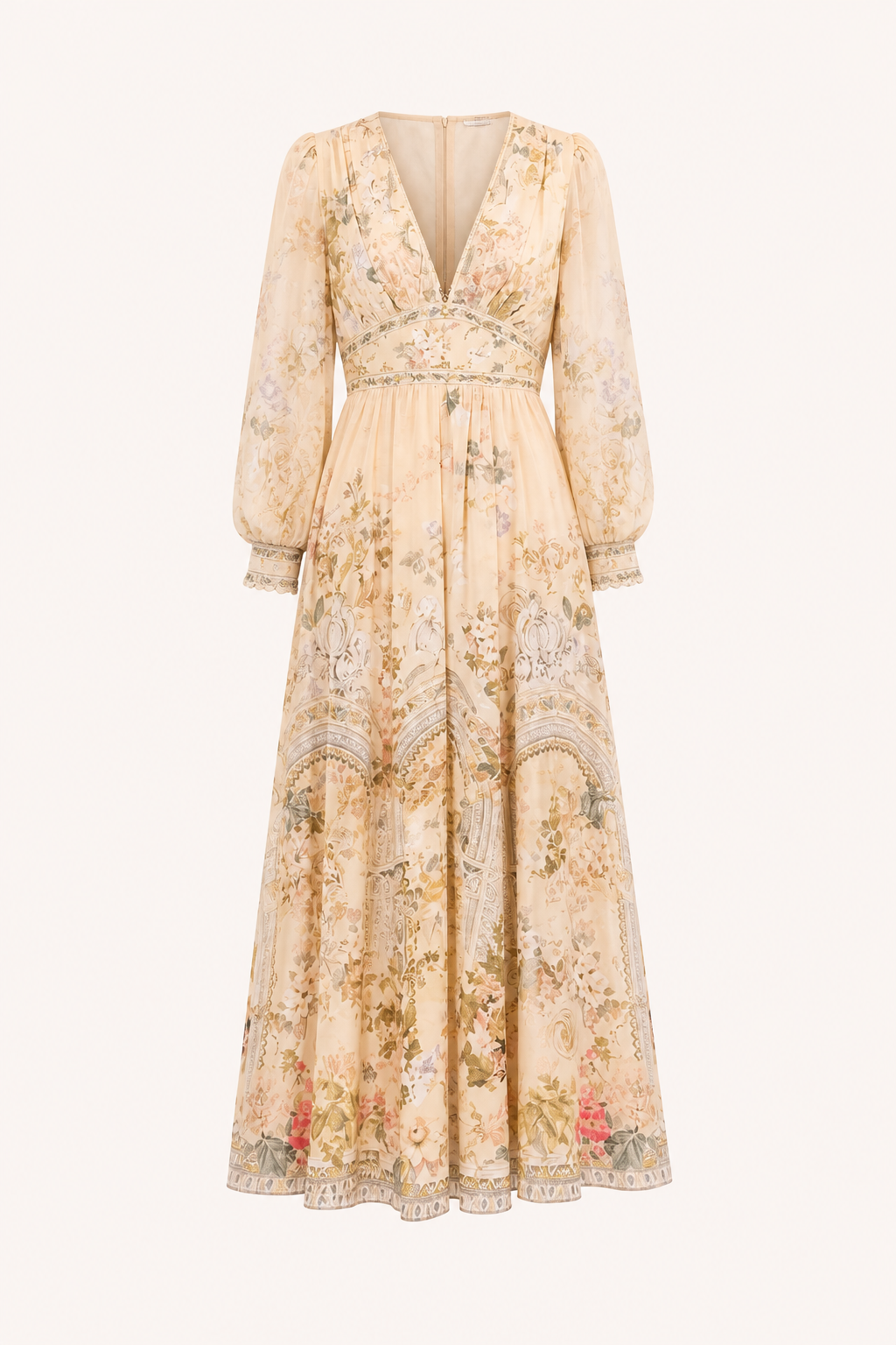 Dames midi-jurk V-halslijn hoge taille pofmouwen - Connie
