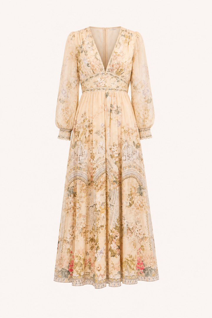 Dames midi-jurk V-halslijn hoge taille pofmouwen - Connie