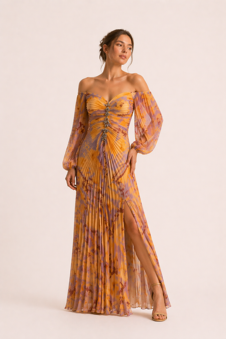 Lange elegante damesjurk met geplooide split - Lucia
