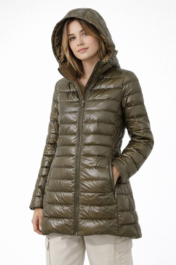 Gewatteerd, lang jack met capuchon voor dames - Rahel