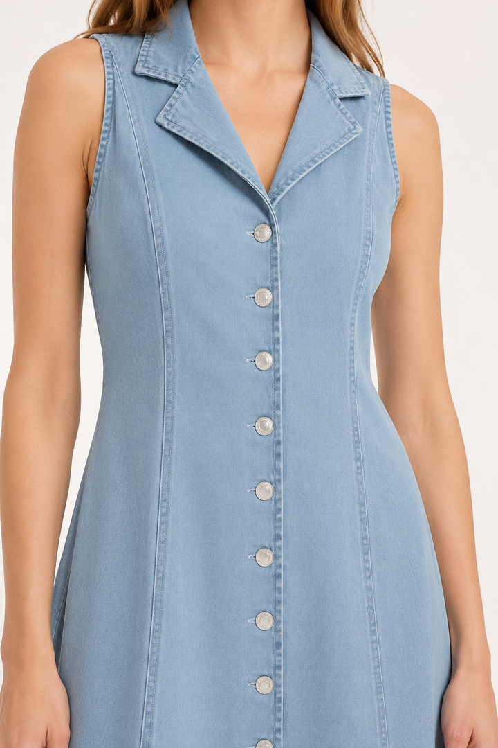 Lange mouwloze denim casual jurk met knoopsluiting - Elara
