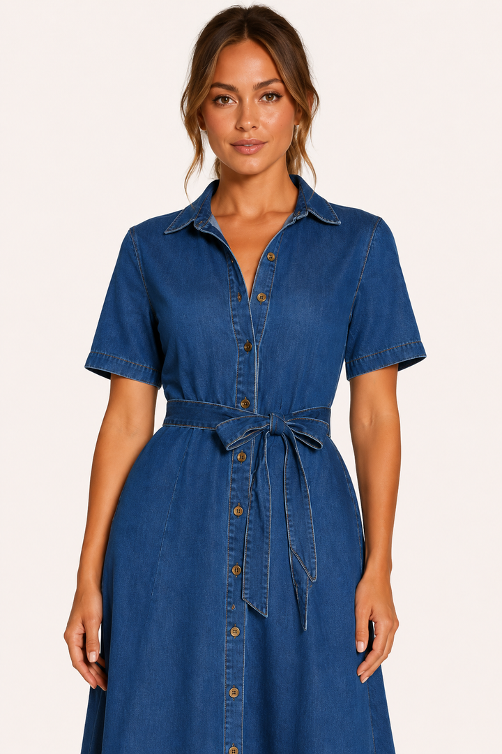 Dames midi-jurk denim casual met riemknopen - Klara