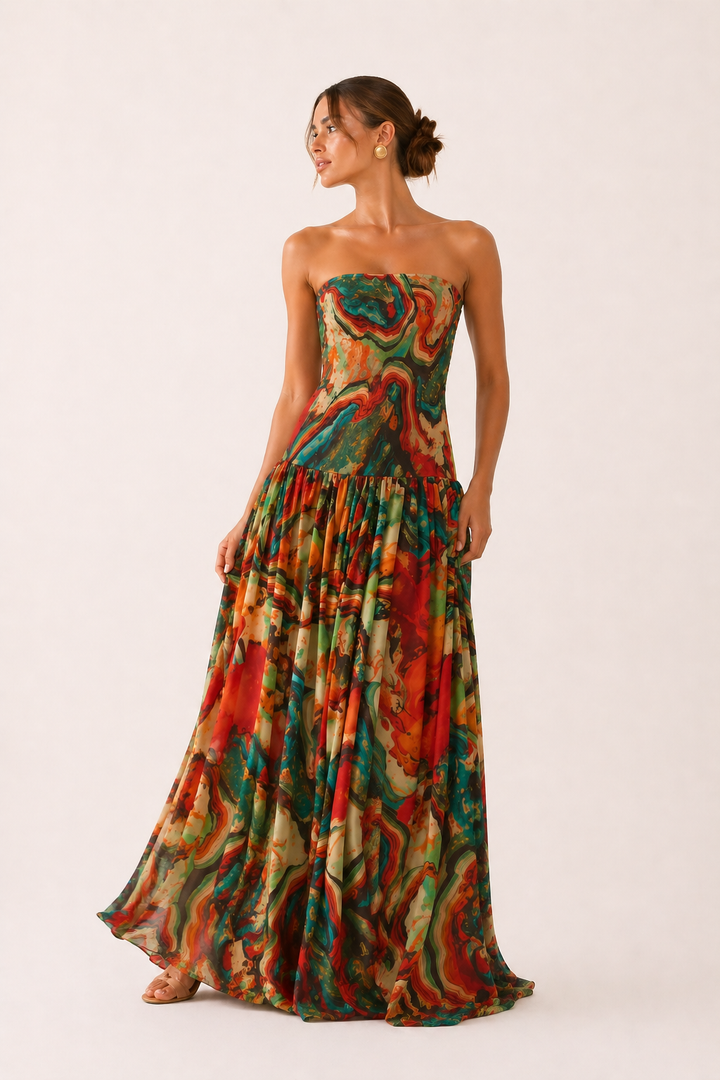Strapless bedrukte lange damesjurk - Hellen