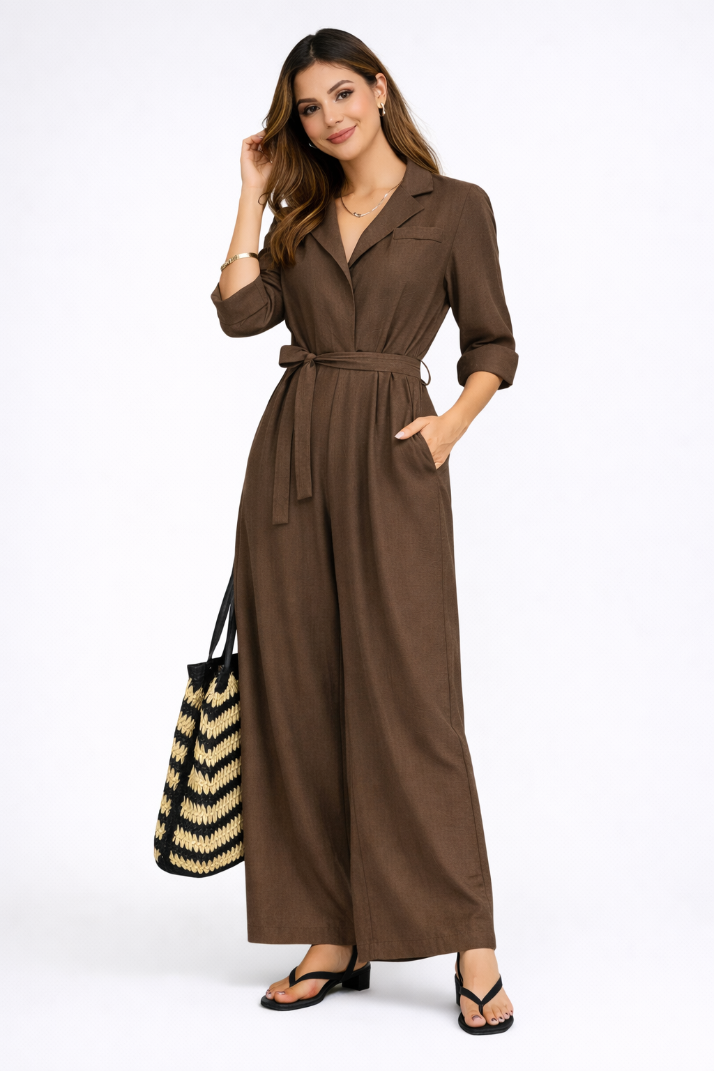 Lange jumpsuit met wijde pijpen en V-hals - Edna