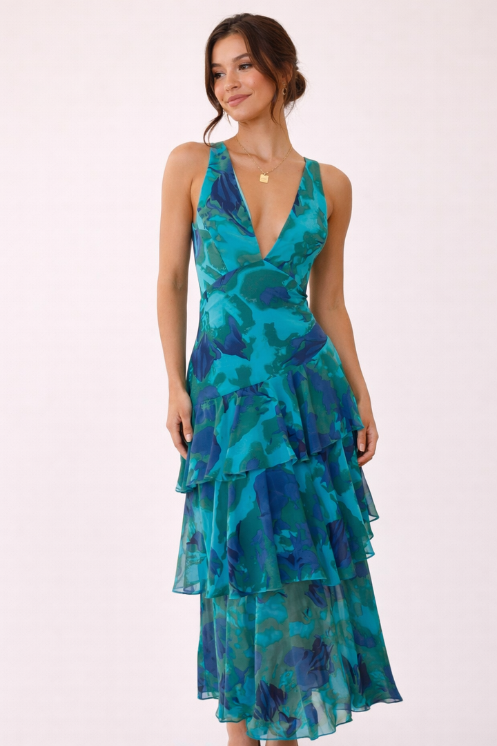 Damesjurk met lange V-hals en chiffon - Domenica
