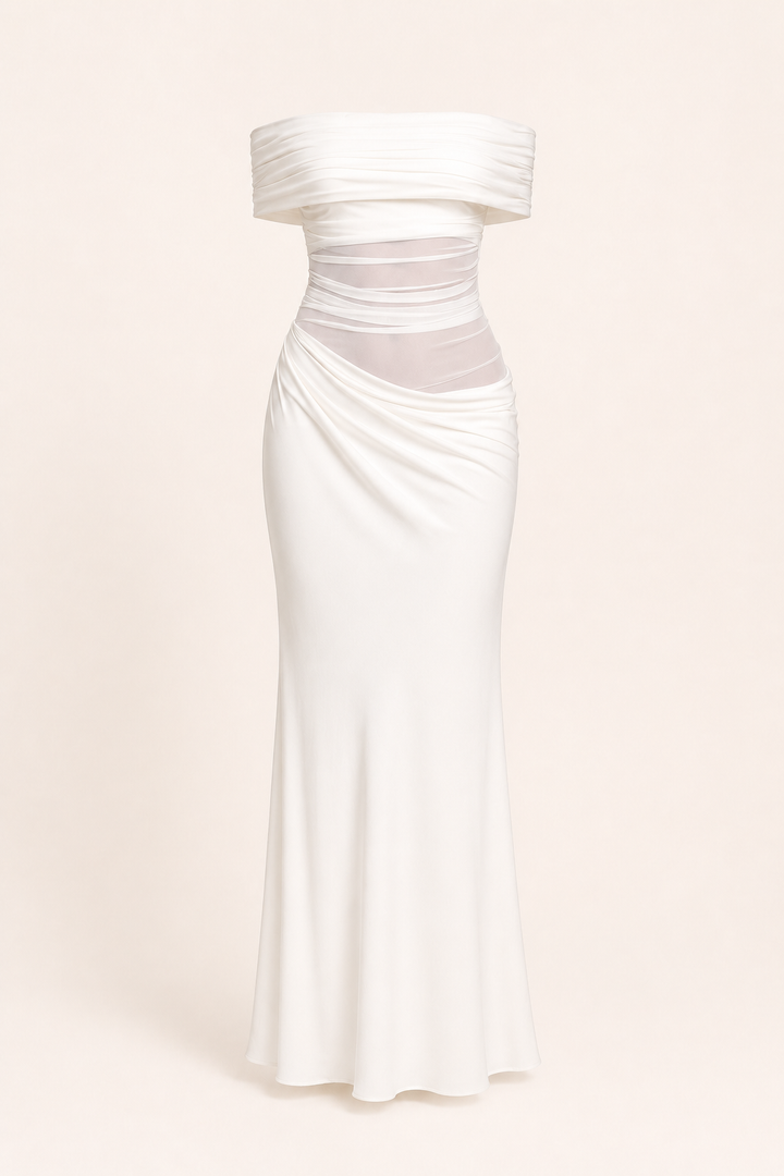 Lange jurk voor vrouwen bruiloftsgasten elegante off-the-shoulder jurk met ruches - Nadine