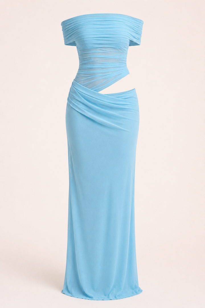 Lange jurk voor vrouwen bruiloftsgasten elegante off-the-shoulder jurk met ruches - Nadine