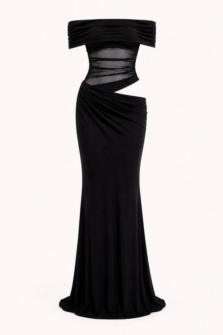 Lange jurk voor vrouwen bruiloftsgasten elegante off-the-shoulder jurk met ruches - Nadine
