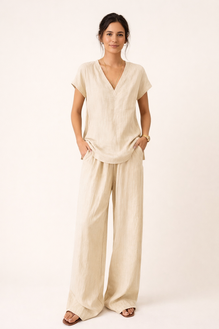 Dames casual V-hals linnen tweedelige set - Klarisa