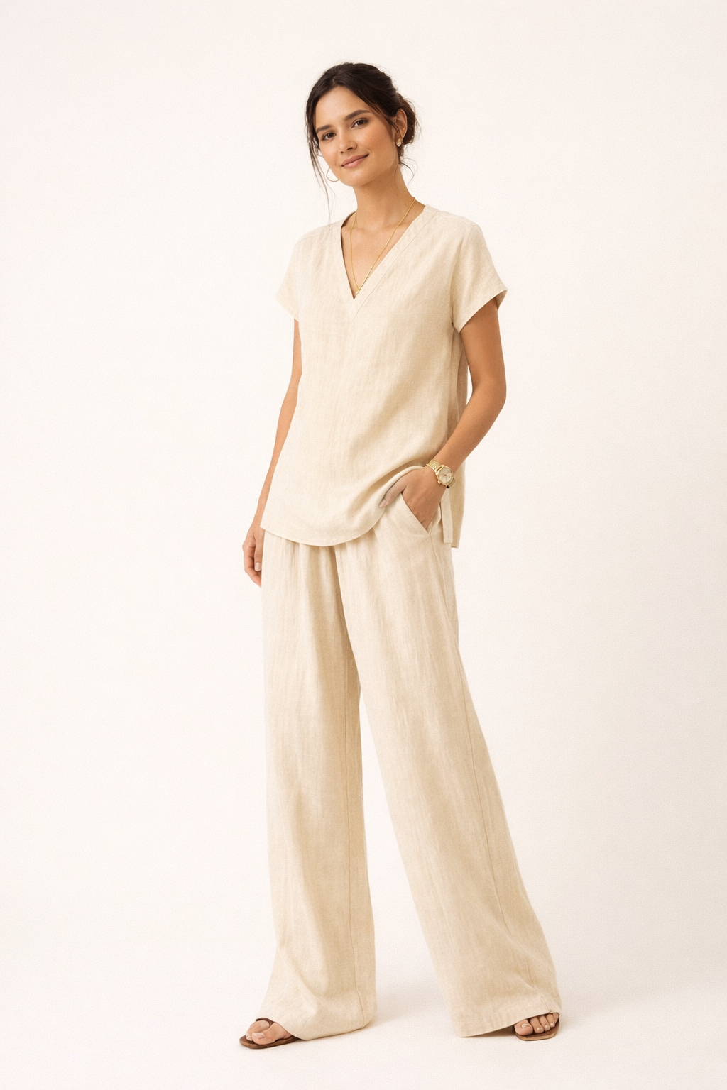 Dames casual V-hals linnen tweedelige set - Klarisa