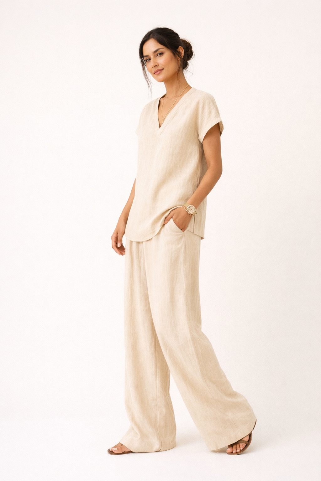 Dames casual V-hals linnen tweedelige set - Klarisa