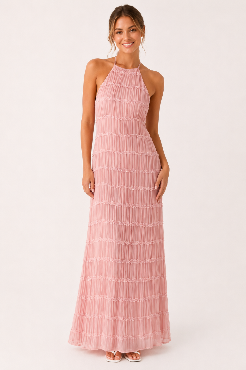 Lange, geplooide zomerjurk met elegante halterhals - Tilda
