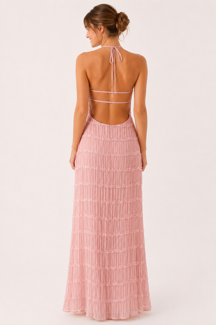 Lange, geplooide zomerjurk met elegante halterhals - Tilda