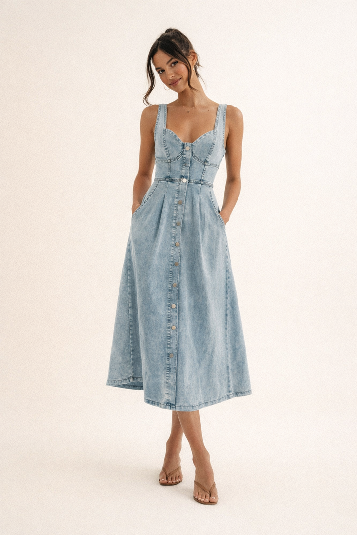 Dames midi-jurk van denim in lentestijl - Elowen