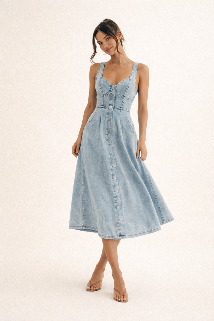 Dames midi-jurk van denim in lentestijl - Elowen